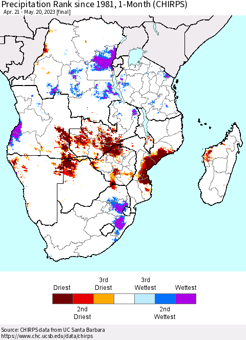 Southern Africa Precipitation Rank since 1981, 1-Month (CHIRPS) Thematic Map For 4/21/2023 - 5/20/2023