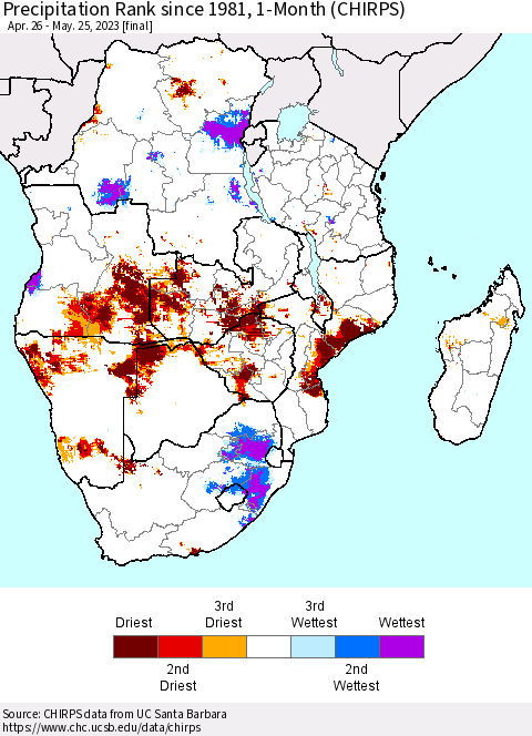 Southern Africa Precipitation Rank since 1981, 1-Month (CHIRPS) Thematic Map For 4/26/2023 - 5/25/2023