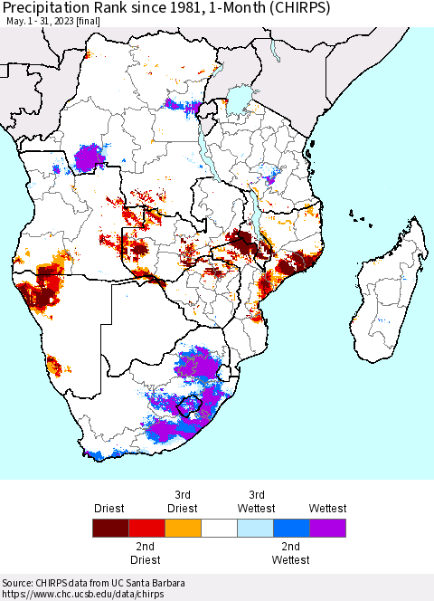 Southern Africa Precipitation Rank since 1981, 1-Month (CHIRPS) Thematic Map For 5/1/2023 - 5/31/2023