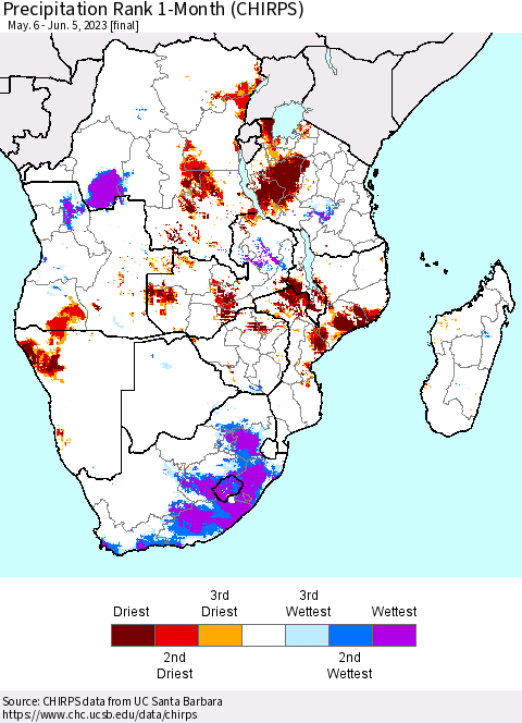 Southern Africa Precipitation Rank since 1981, 1-Month (CHIRPS) Thematic Map For 5/6/2023 - 6/5/2023