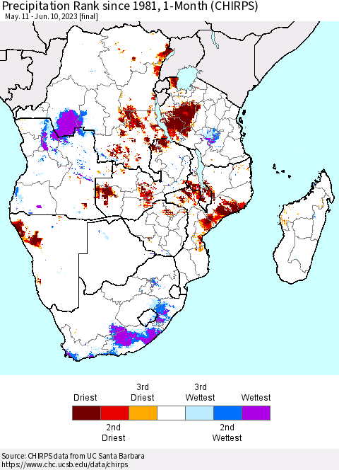 Southern Africa Precipitation Rank since 1981, 1-Month (CHIRPS) Thematic Map For 5/11/2023 - 6/10/2023