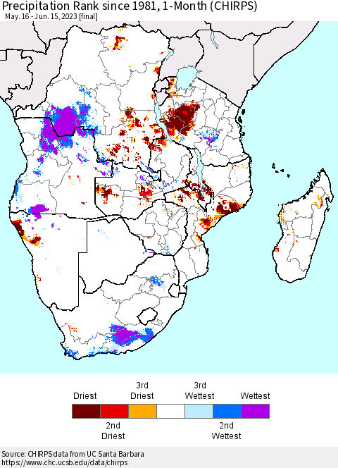 Southern Africa Precipitation Rank since 1981, 1-Month (CHIRPS) Thematic Map For 5/16/2023 - 6/15/2023