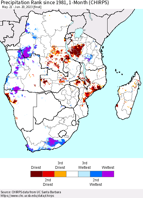 Southern Africa Precipitation Rank since 1981, 1-Month (CHIRPS) Thematic Map For 5/21/2023 - 6/20/2023