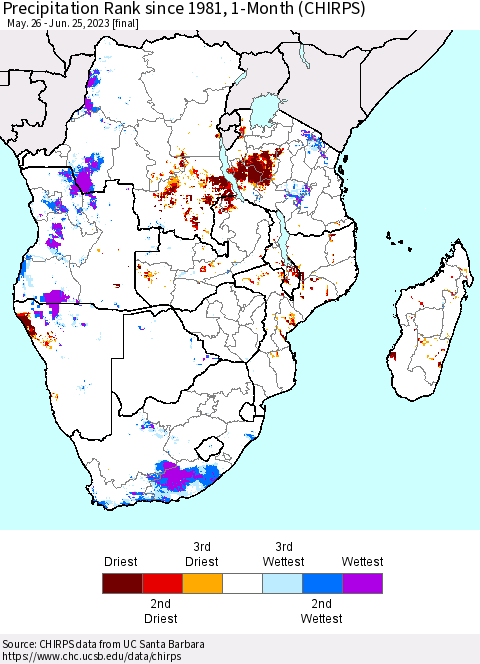 Southern Africa Precipitation Rank since 1981, 1-Month (CHIRPS) Thematic Map For 5/26/2023 - 6/25/2023