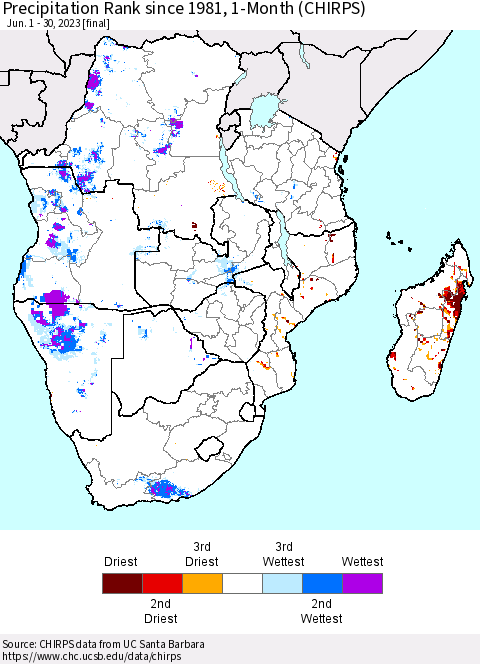Southern Africa Precipitation Rank since 1981, 1-Month (CHIRPS) Thematic Map For 6/1/2023 - 6/30/2023