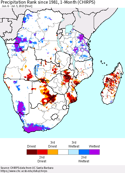 Southern Africa Precipitation Rank since 1981, 1-Month (CHIRPS) Thematic Map For 6/6/2023 - 7/5/2023