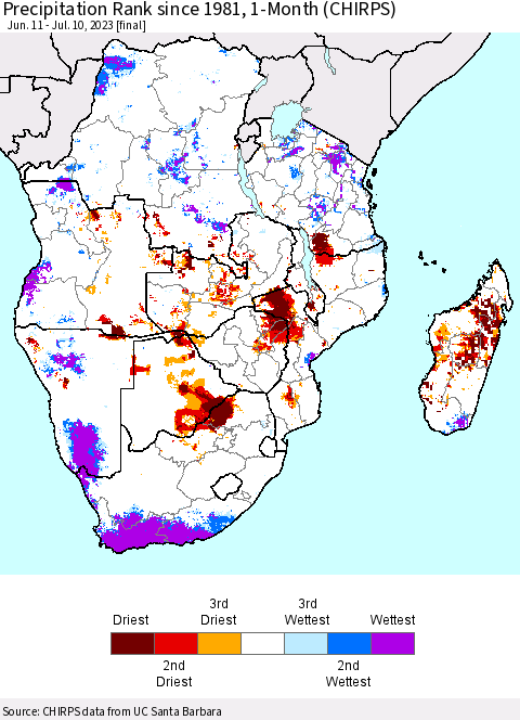 Southern Africa Precipitation Rank since 1981, 1-Month (CHIRPS) Thematic Map For 6/11/2023 - 7/10/2023