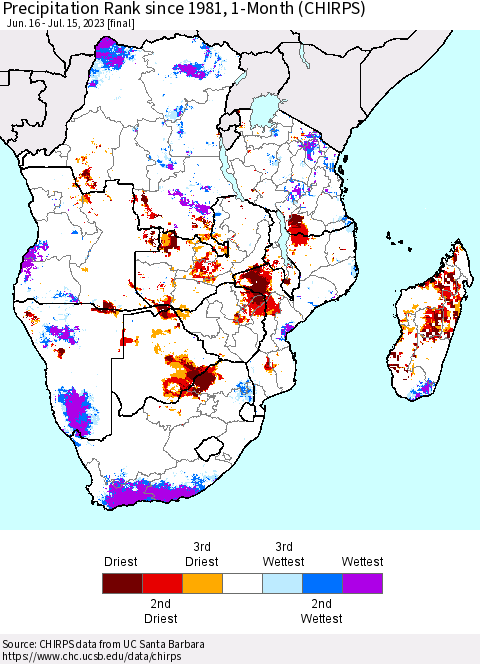 Southern Africa Precipitation Rank since 1981, 1-Month (CHIRPS) Thematic Map For 6/16/2023 - 7/15/2023