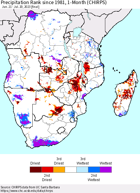 Southern Africa Precipitation Rank since 1981, 1-Month (CHIRPS) Thematic Map For 6/21/2023 - 7/20/2023