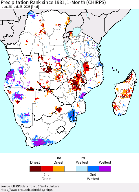 Southern Africa Precipitation Rank since 1981, 1-Month (CHIRPS) Thematic Map For 6/26/2023 - 7/25/2023