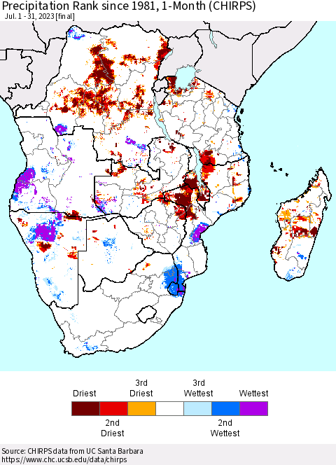 Southern Africa Precipitation Rank since 1981, 1-Month (CHIRPS) Thematic Map For 7/1/2023 - 7/31/2023