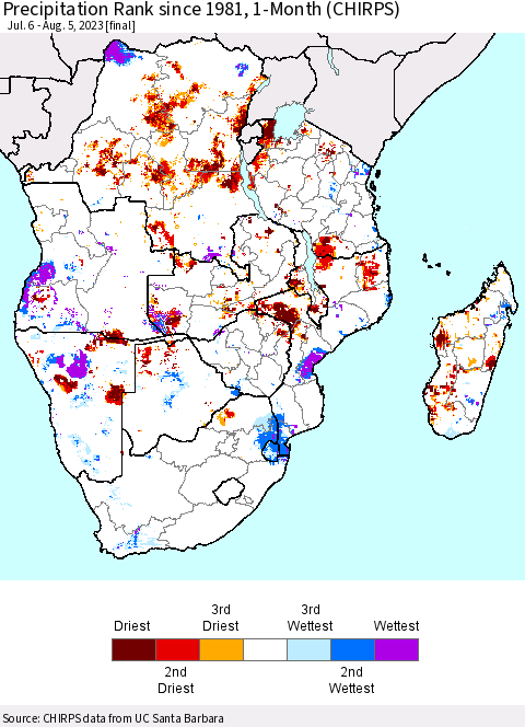 Southern Africa Precipitation Rank since 1981, 1-Month (CHIRPS) Thematic Map For 7/6/2023 - 8/5/2023