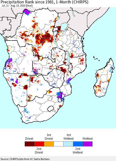 Southern Africa Precipitation Rank since 1981, 1-Month (CHIRPS) Thematic Map For 7/11/2023 - 8/10/2023