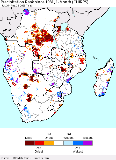 Southern Africa Precipitation Rank since 1981, 1-Month (CHIRPS) Thematic Map For 7/16/2023 - 8/15/2023