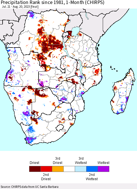 Southern Africa Precipitation Rank since 1981, 1-Month (CHIRPS) Thematic Map For 7/21/2023 - 8/20/2023