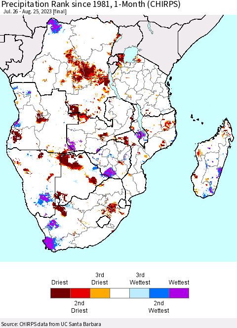 Southern Africa Precipitation Rank since 1981, 1-Month (CHIRPS) Thematic Map For 7/26/2023 - 8/25/2023