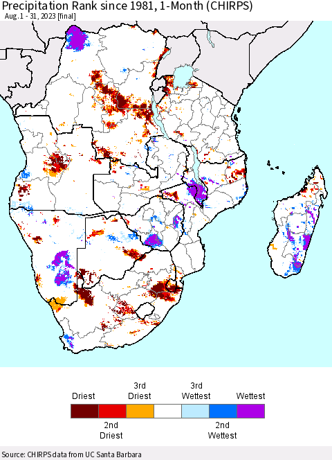 Southern Africa Precipitation Rank since 1981, 1-Month (CHIRPS) Thematic Map For 8/1/2023 - 8/31/2023