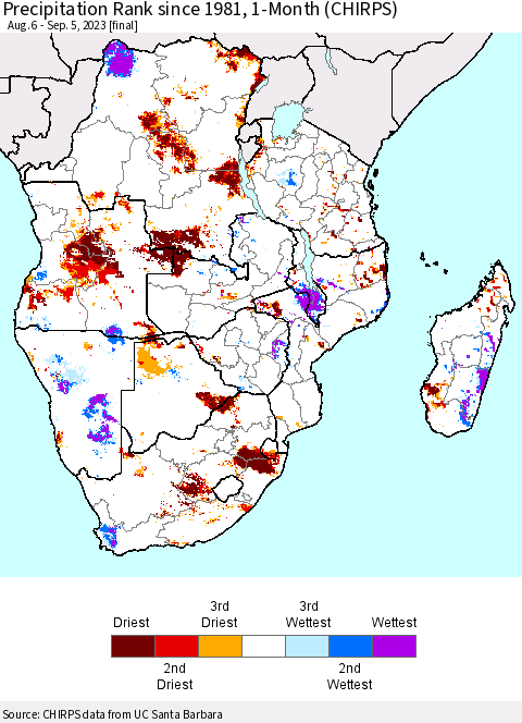 Southern Africa Precipitation Rank since 1981, 1-Month (CHIRPS) Thematic Map For 8/6/2023 - 9/5/2023