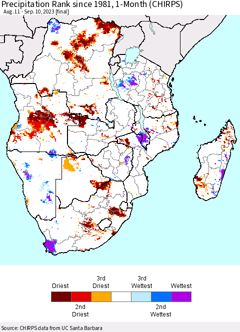Southern Africa Precipitation Rank since 1981, 1-Month (CHIRPS) Thematic Map For 8/11/2023 - 9/10/2023