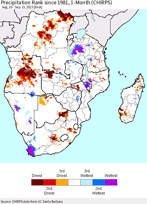 Southern Africa Precipitation Rank since 1981, 1-Month (CHIRPS) Thematic Map For 8/16/2023 - 9/15/2023