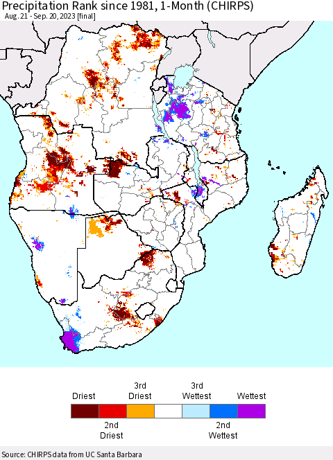 Southern Africa Precipitation Rank since 1981, 1-Month (CHIRPS) Thematic Map For 8/21/2023 - 9/20/2023