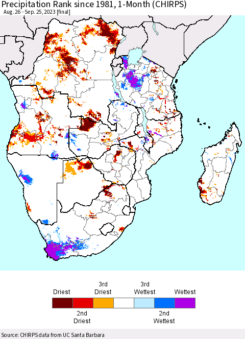 Southern Africa Precipitation Rank since 1981, 1-Month (CHIRPS) Thematic Map For 8/26/2023 - 9/25/2023