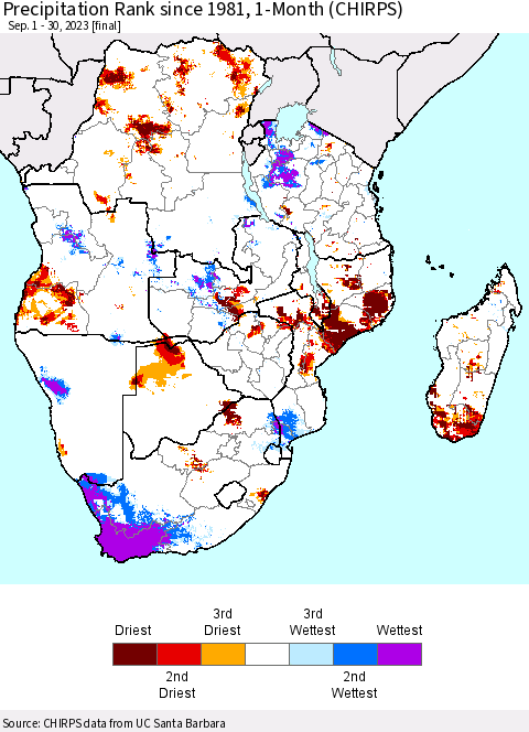 Southern Africa Precipitation Rank since 1981, 1-Month (CHIRPS) Thematic Map For 9/1/2023 - 9/30/2023