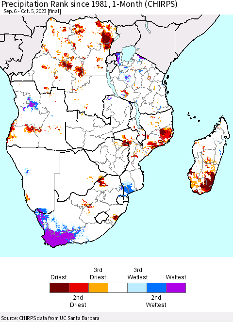 Southern Africa Precipitation Rank since 1981, 1-Month (CHIRPS) Thematic Map For 9/6/2023 - 10/5/2023