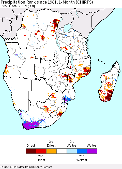 Southern Africa Precipitation Rank since 1981, 1-Month (CHIRPS) Thematic Map For 9/11/2023 - 10/10/2023