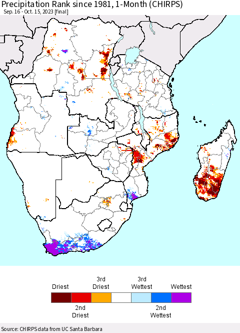 Southern Africa Precipitation Rank since 1981, 1-Month (CHIRPS) Thematic Map For 9/16/2023 - 10/15/2023
