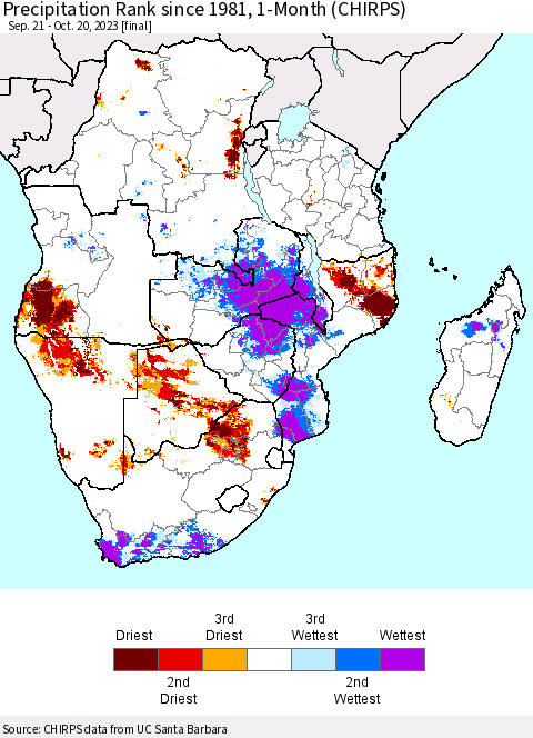 Southern Africa Precipitation Rank since 1981, 1-Month (CHIRPS) Thematic Map For 9/21/2023 - 10/20/2023