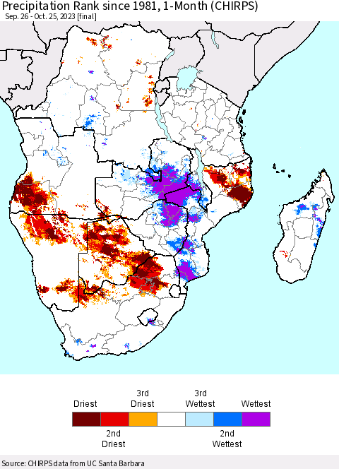Southern Africa Precipitation Rank since 1981, 1-Month (CHIRPS) Thematic Map For 9/26/2023 - 10/25/2023