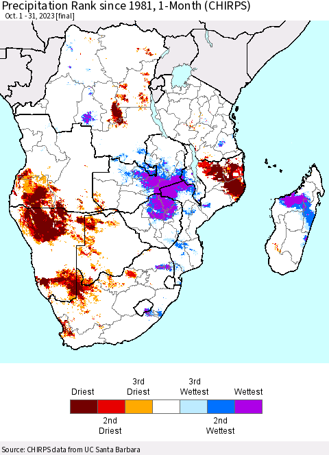 Southern Africa Precipitation Rank since 1981, 1-Month (CHIRPS) Thematic Map For 10/1/2023 - 10/31/2023