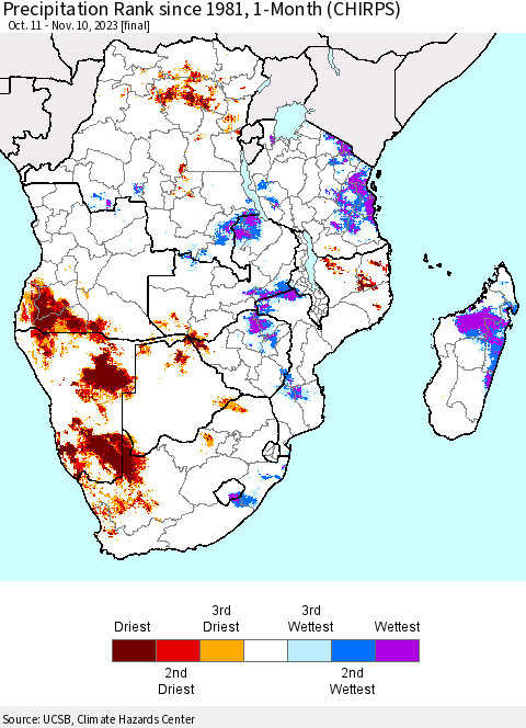 Southern Africa Precipitation Rank since 1981, 1-Month (CHIRPS) Thematic Map For 10/11/2023 - 11/10/2023