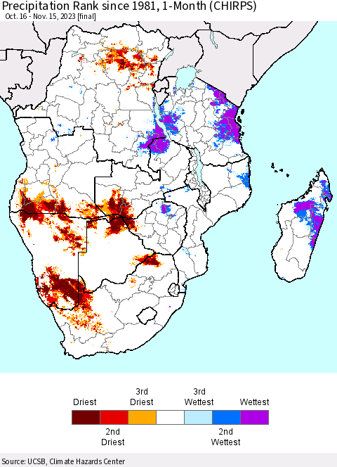 Southern Africa Precipitation Rank since 1981, 1-Month (CHIRPS) Thematic Map For 10/16/2023 - 11/15/2023