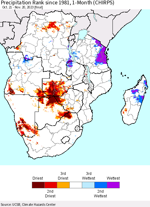 Southern Africa Precipitation Rank since 1981, 1-Month (CHIRPS) Thematic Map For 10/21/2023 - 11/20/2023