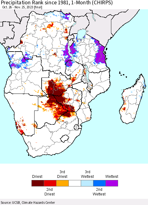 Southern Africa Precipitation Rank since 1981, 1-Month (CHIRPS) Thematic Map For 10/26/2023 - 11/25/2023