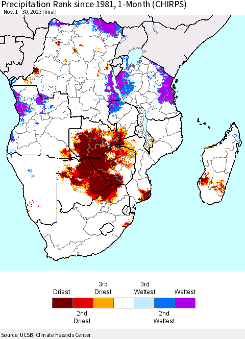 Southern Africa Precipitation Rank since 1981, 1-Month (CHIRPS) Thematic Map For 11/1/2023 - 11/30/2023