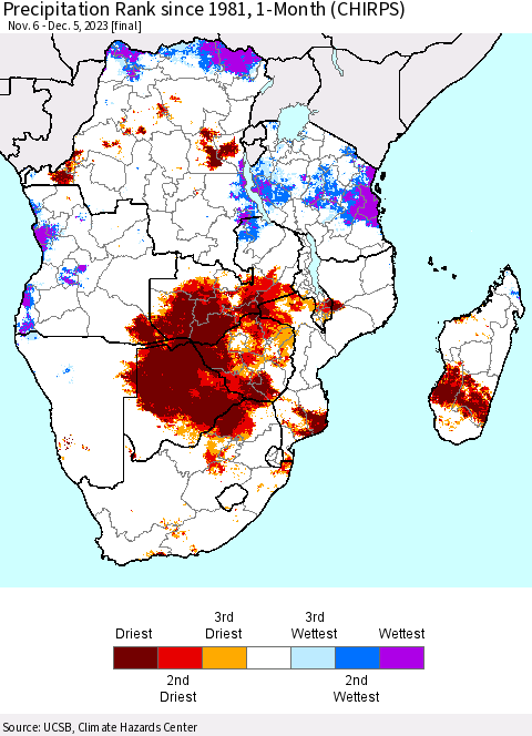 Southern Africa Precipitation Rank since 1981, 1-Month (CHIRPS) Thematic Map For 11/6/2023 - 12/5/2023