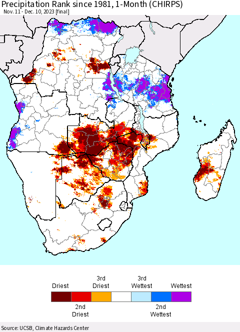 Southern Africa Precipitation Rank since 1981, 1-Month (CHIRPS) Thematic Map For 11/11/2023 - 12/10/2023