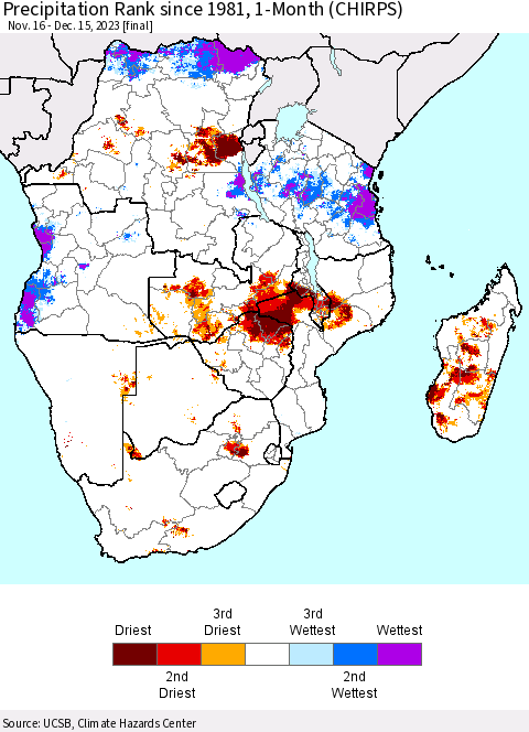 Southern Africa Precipitation Rank since 1981, 1-Month (CHIRPS) Thematic Map For 11/16/2023 - 12/15/2023