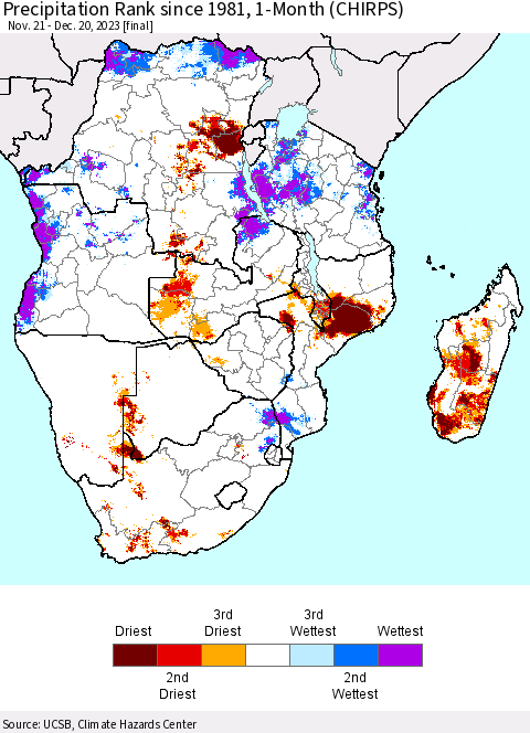 Southern Africa Precipitation Rank since 1981, 1-Month (CHIRPS) Thematic Map For 11/21/2023 - 12/20/2023