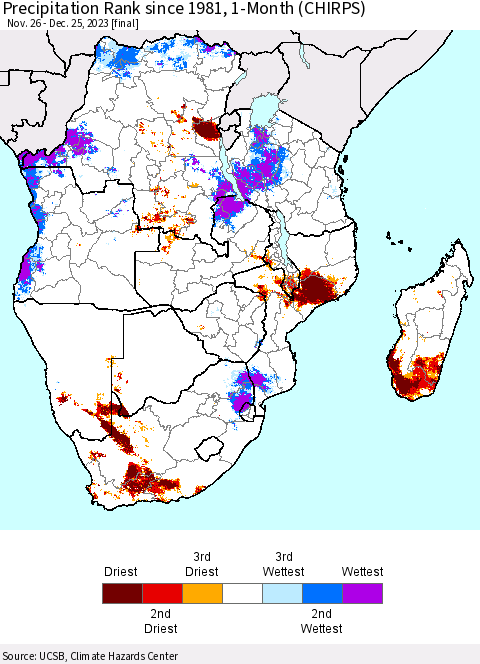 Southern Africa Precipitation Rank since 1981, 1-Month (CHIRPS) Thematic Map For 11/26/2023 - 12/25/2023