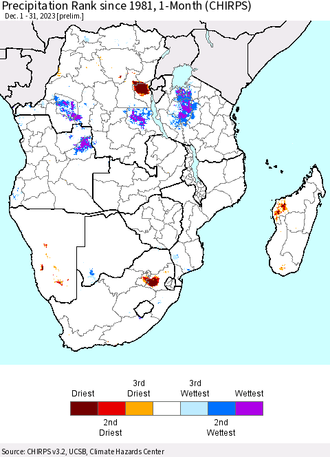 Southern Africa Precipitation Rank since 1981, 1-Month (CHIRPS) Thematic Map For 12/1/2023 - 12/31/2023