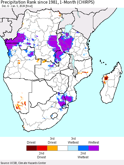 Southern Africa Precipitation Rank since 1981, 1-Month (CHIRPS) Thematic Map For 12/6/2023 - 1/5/2024