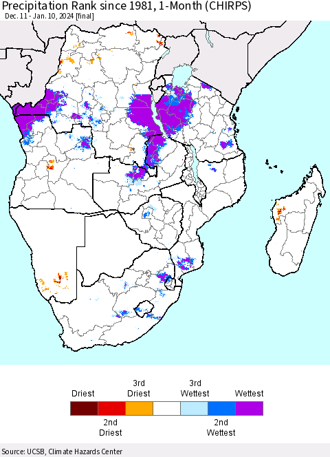 Southern Africa Precipitation Rank since 1981, 1-Month (CHIRPS) Thematic Map For 12/11/2023 - 1/10/2024
