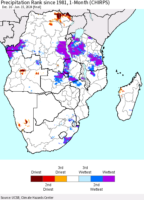 Southern Africa Precipitation Rank since 1981, 1-Month (CHIRPS) Thematic Map For 12/16/2023 - 1/15/2024