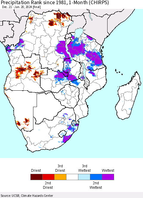 Southern Africa Precipitation Rank since 1981, 1-Month (CHIRPS) Thematic Map For 12/21/2023 - 1/20/2024