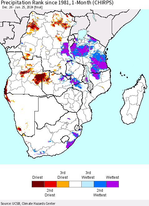 Southern Africa Precipitation Rank since 1981, 1-Month (CHIRPS) Thematic Map For 12/26/2023 - 1/25/2024