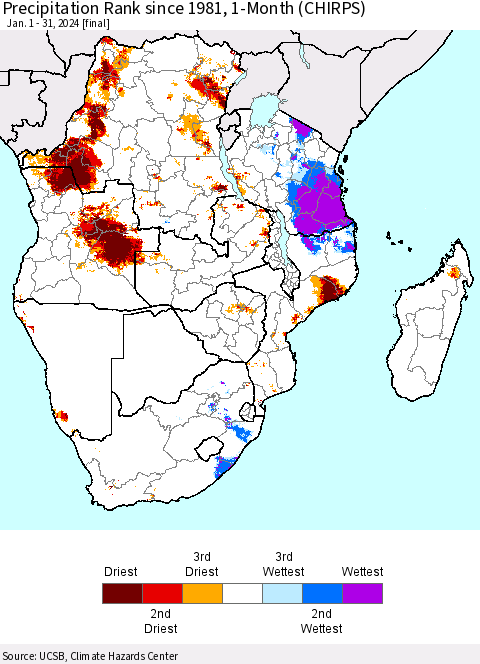Southern Africa Precipitation Rank since 1981, 1-Month (CHIRPS) Thematic Map For 1/1/2024 - 1/31/2024